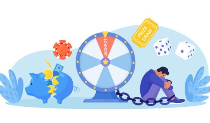 Vector image of person chained to gambling wheel.