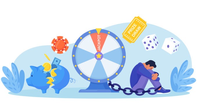Vector image of person chained to gambling wheel.